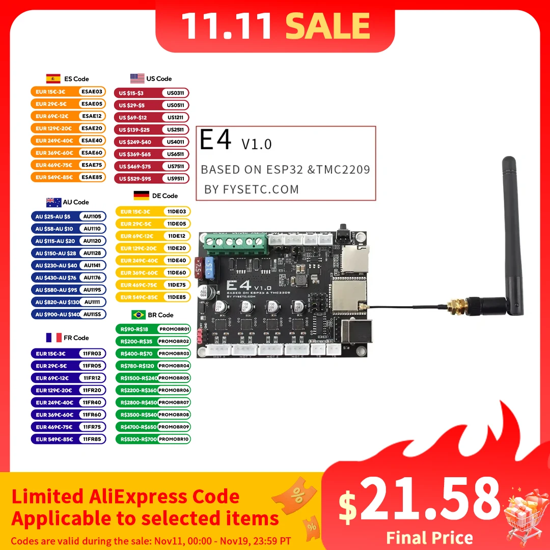 

Плата FYSETC E4, минимальная плата управления для 3D-принтера на основе микроконтроллера ESP32 от ESPRESSIF, встроенный Wi-Fi и Bluetooth
