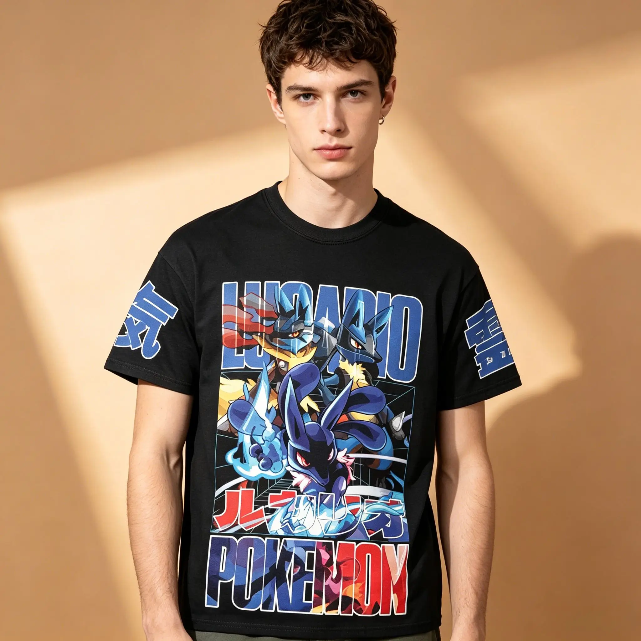 Camiseta de manga corta con cuello redondo y estampado de texto japonés de anime Pokemon Lucario Mega Lucario para hombre, ropa de calle retro negra de manga corta estilo Otaku