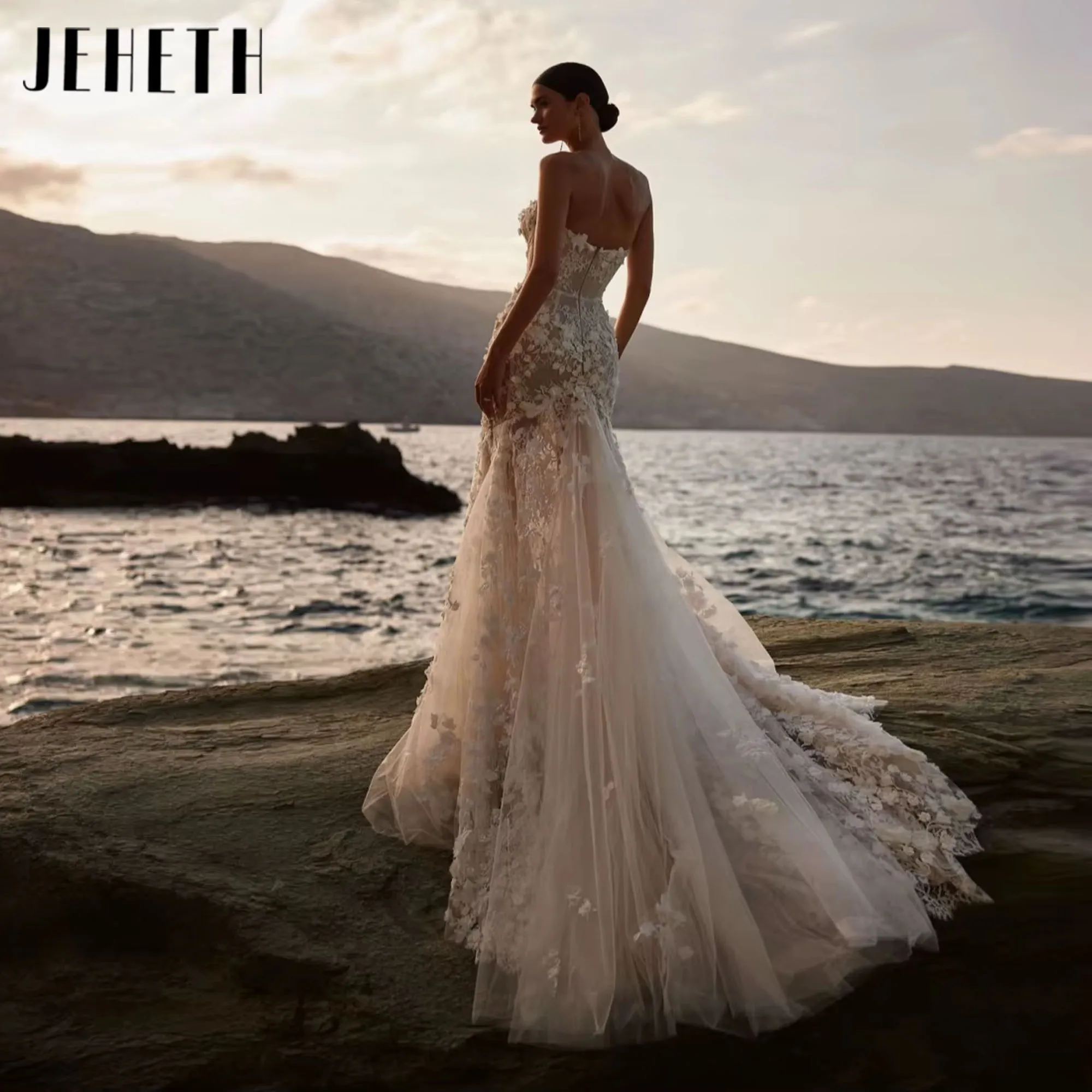 魅力的なレース 3D フラワーウェディングドレスセクシーな V ネックマーメイドロングブライダルドレス優雅なドレス結婚式のためのカスタマイズ