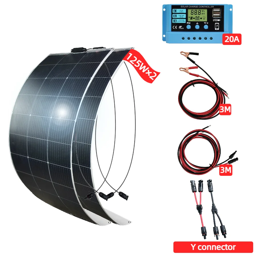 JINGYANG PV 250W Solarpanel-Kit (2 × 125W) Monokristallin, geeignet für Wohnmobile, Boote, Dachflächen, Off-Grid (Controller erforderlich)