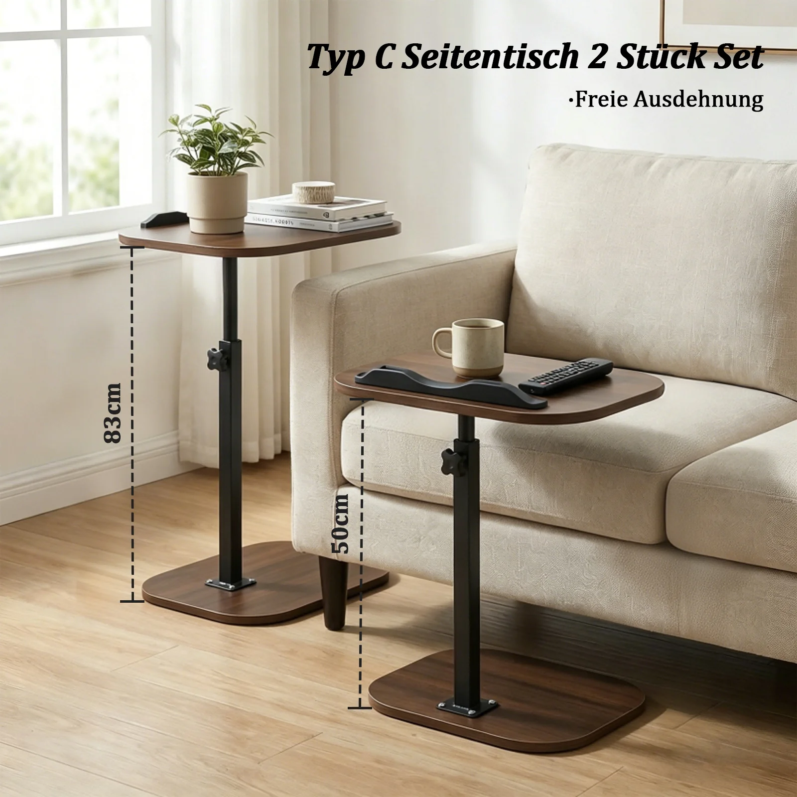 Mesa auxiliar en forma de C, ajustable en altura y giratoria 360° °   Mesa giratoria con tapa abatible para sofá, cama y sillón