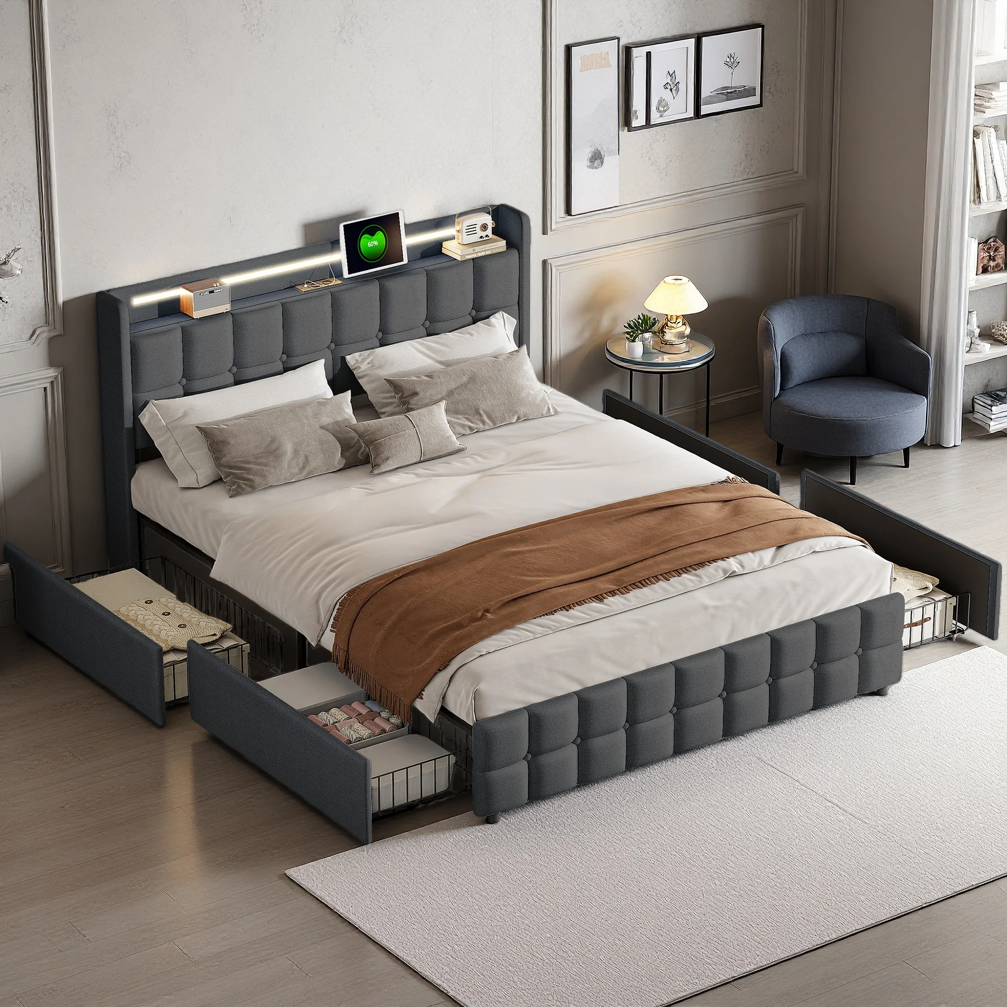 Tweepersoonsbed 160 x 200 cm,  volwassen bed met 4 lades, gestoffeerd bed met USB-aansluiting en LED-verlichting, hoofdeinde met plank, linnen, beige/grijs