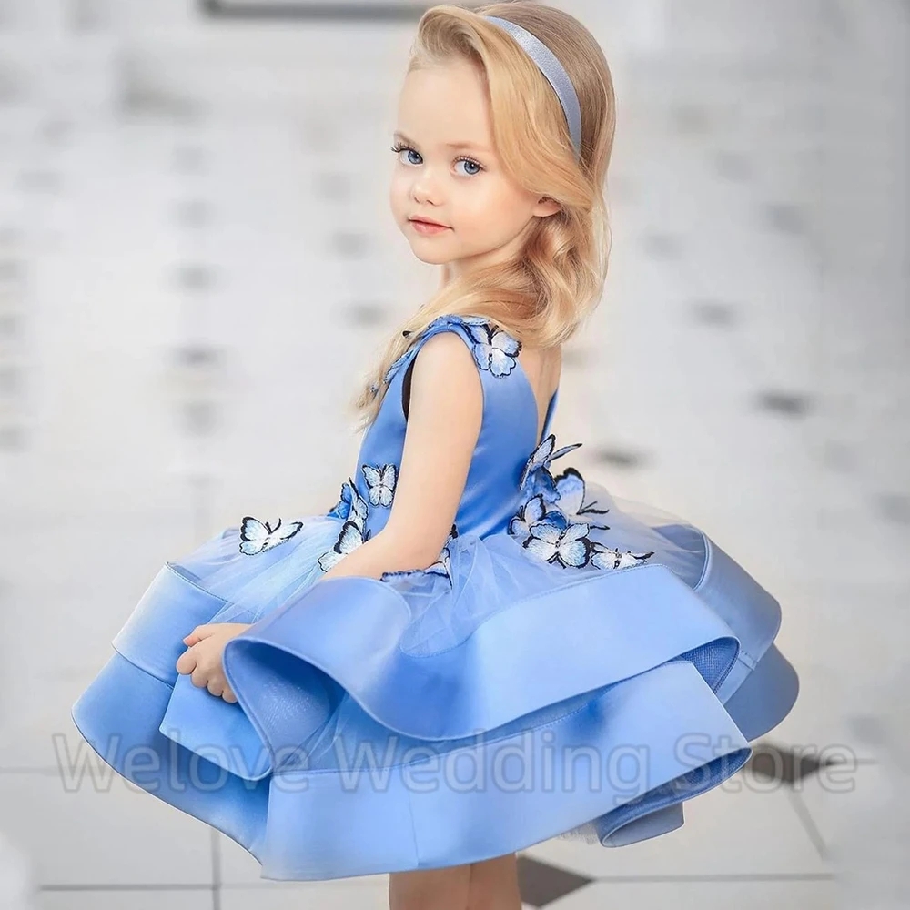 V-Neck mangas Puffy Flower Girl Dress com borboletas, Tiered Mini vestido bonito, Baby Birthday Party, Vestidos personalizados, Lindo banquete