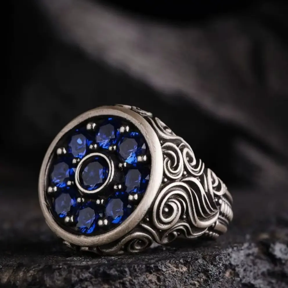 Handcrafted Men's Silver Ring with Blue Zircons - Unique Engraving, Big Blue Stone Centerpiece