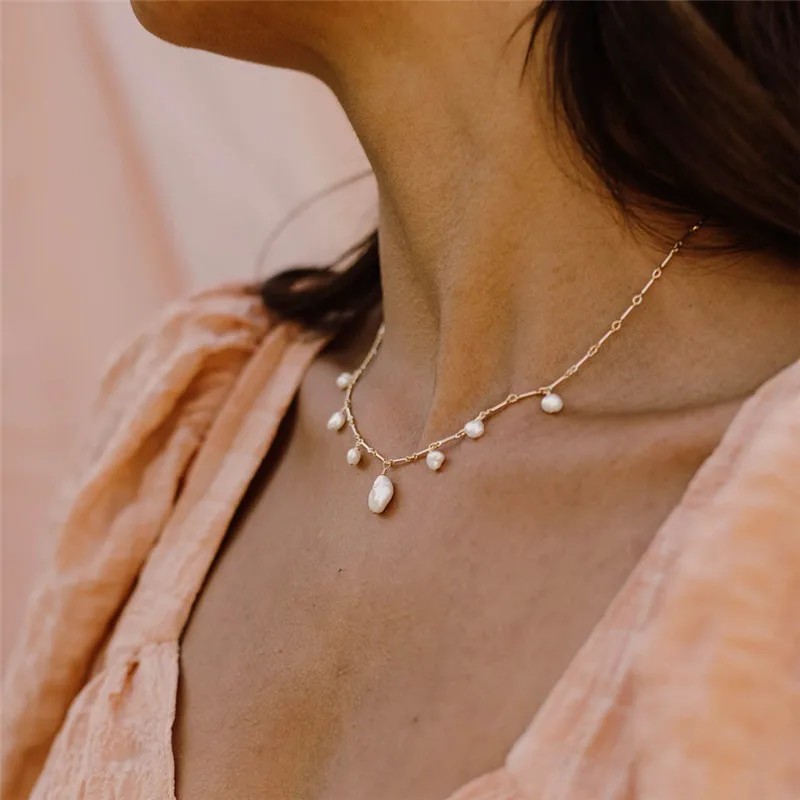 Naturalny barokowy naszyjnik z pereł 14-karatowy złoty naszyjnik Vintage Choker Ręcznie robione wisiorki z pereł Naszyjnik damski Biżuteria Boho