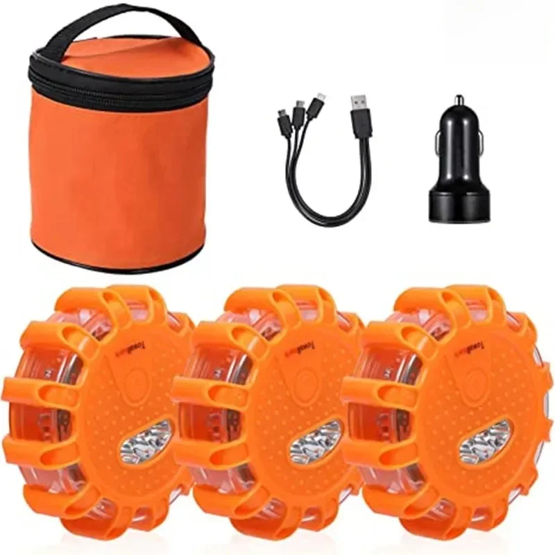 Paquet de 3 évasés de route LED clignotant voyant d'avertissement d'urgence USB Rechargeable aide Flash disque de sécurité en bord de route Base clignotante magnétique