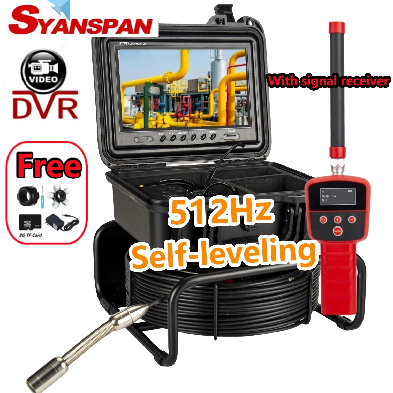 

512HZ Self-Leveling Endoscope Camera HD WiFi/ DVR 9in SYANSPAN Pipe Inspection Camera,Sewer Drain Industrial Endoscope IP68