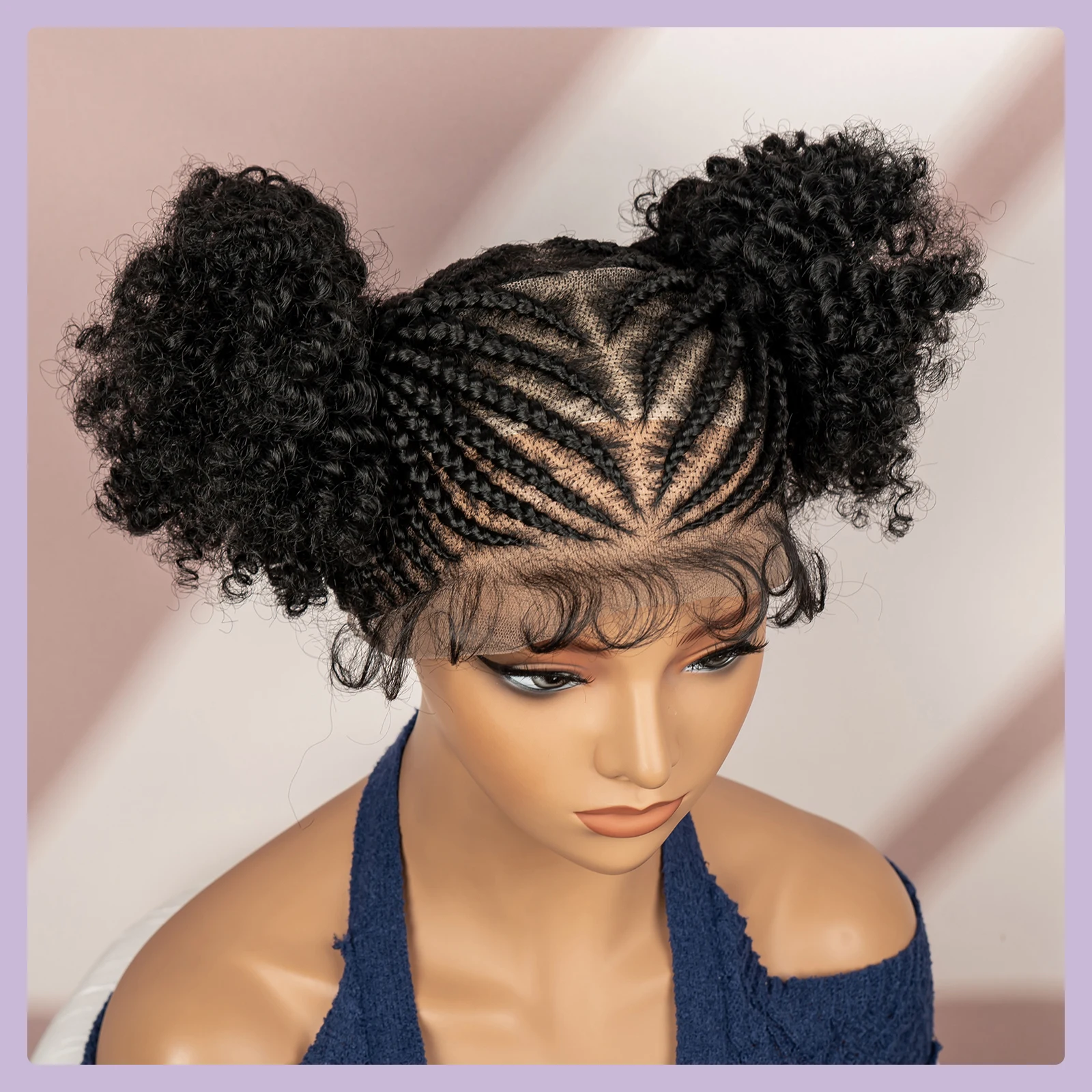 Afro Cornrow Braided Wigs for Black Women 360 full Lace Twin Buns Braiding Hair Wig 6 Inches Short Afro Curly Wig