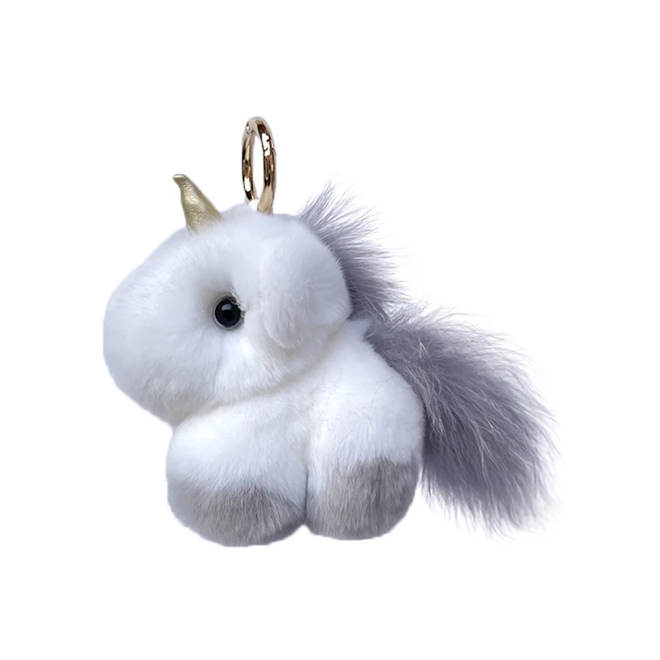 Fluuffy Cute Unicorn Bag Charm Real Rex Rabbit Fur Key Ring Backpack Clips Handbag Key Accessories Bag Charms For Girl Women