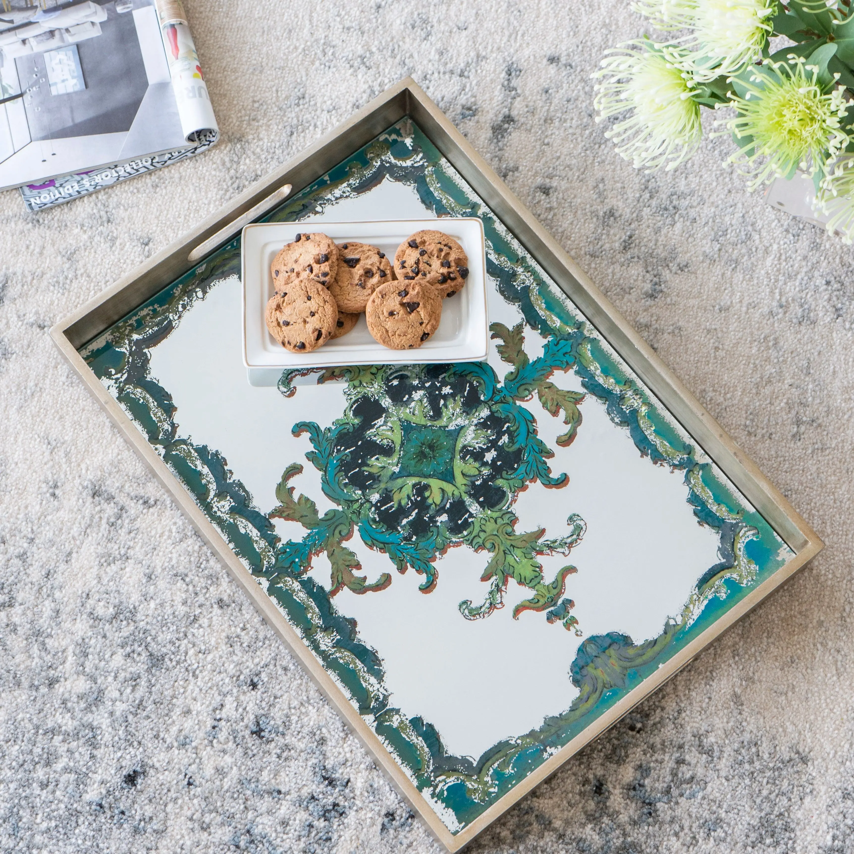 

18.1" Vintage European Tapestry Mirrored Tray - Green & Blue Medallion Motif, Rectangular Decorative Tray with Cut-Out Handles