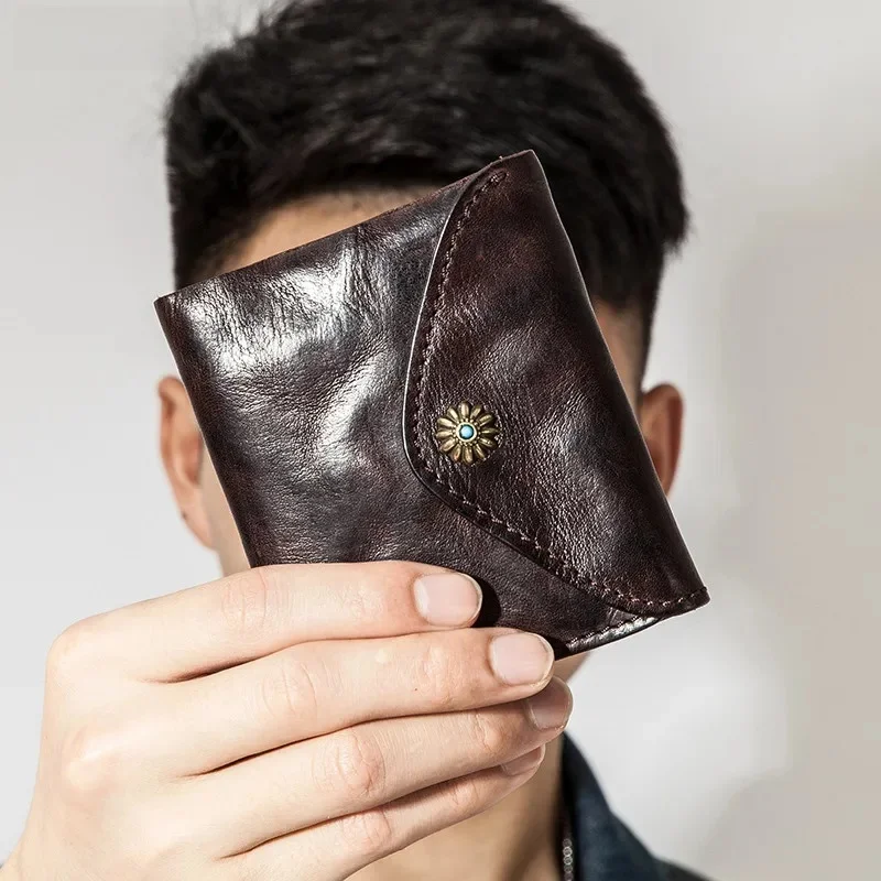 Moda w stylu vintage design składane oryginalne eather portfel męski luksusowe naturalne pierwsza warstwa skóry wołowej kobiet cienkie monety kiesy — zdjęcie 2