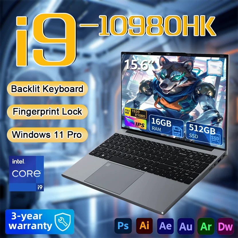 

3 Years Warranty Intel Core i9-10980HK 15.6 Inch Fingerprint Unlock Notebook Computer 16GB RAM 1TB M.2 SSD Office Laptop