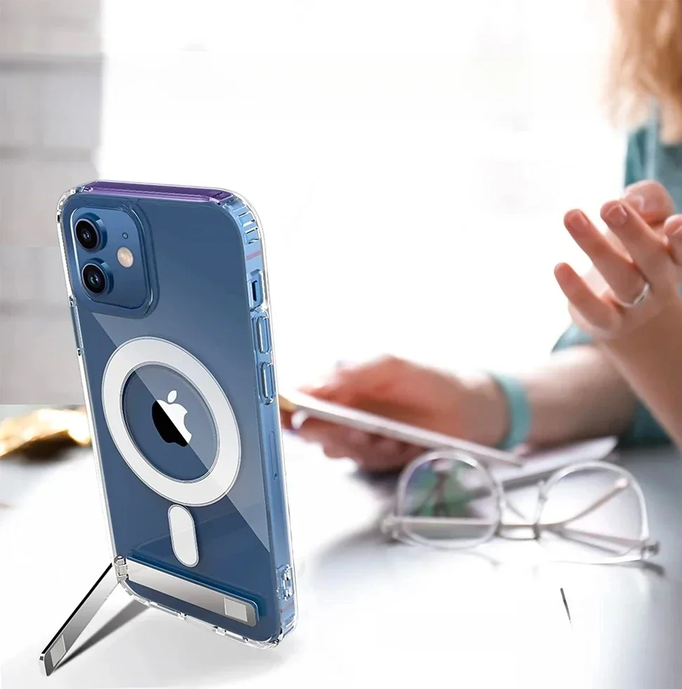 Przezroczyste, magnetyczne etui na telefon z podpórką do modeli iPhone 17 Pro Max, 18, 16, 15, 14 Plus, 13, 12, 11 Mini, kompatybilne z bezprzewodowym ładowaniem. — zdjęcie produktu 7