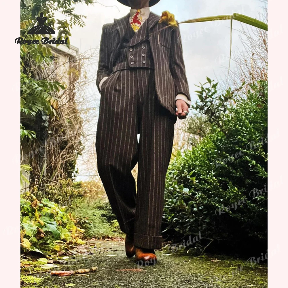 Notched Lapel Three Piece Single Breasted Wedding Men's Suits 2026 Brown Striped  Casual Prom Suits costume homme mariage