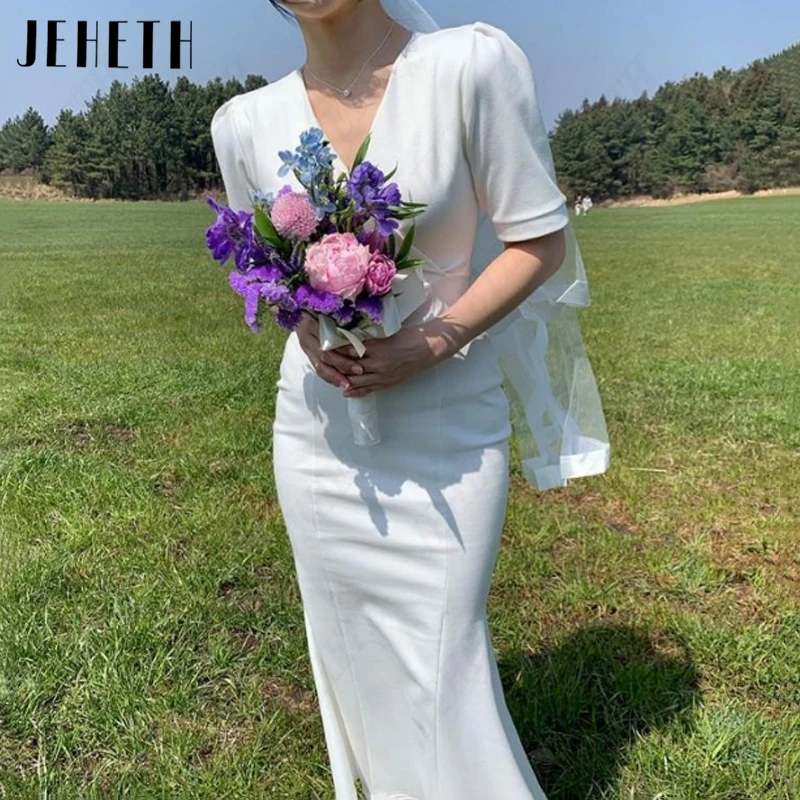 JEHETH V-Neck Short Sleeves Korea Wedding Dresses For Women Satin Simple Mermaid Bridal Gowns Elegant Backless 웨딩드레스 Tea-Length