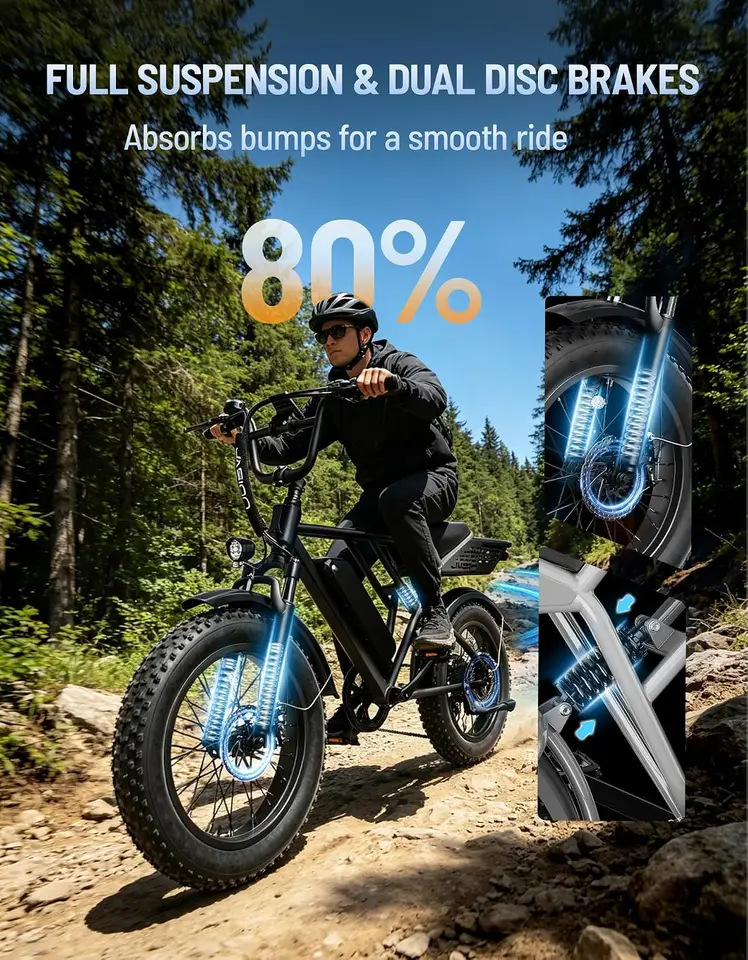 Jasion Electric Bike, 70-Mile Range, Fat Tire 48V 13Ah Removable Battery, E bike, 5 Riding Modes, 7-Speed, Full Suspension, IPX6, for Commuters, Beaches, Weekends image 6