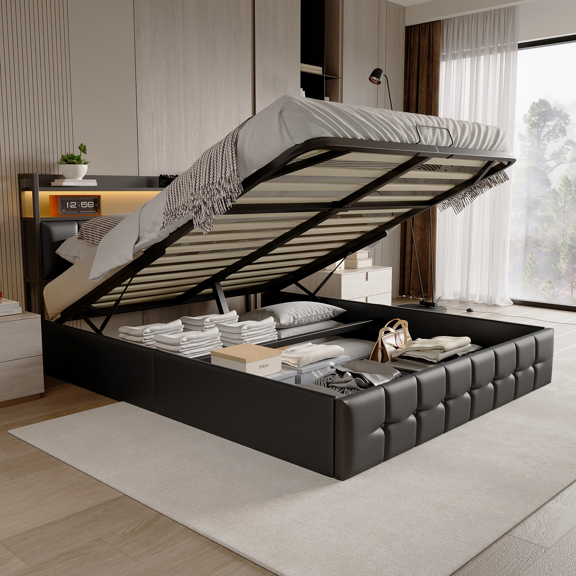 Rosahqnda kussenbed Gewatteerd hydraulisch bedframe Grijs Pu-linnen Hoofdeinde Linnen stof zonder matras - afbeelding 1