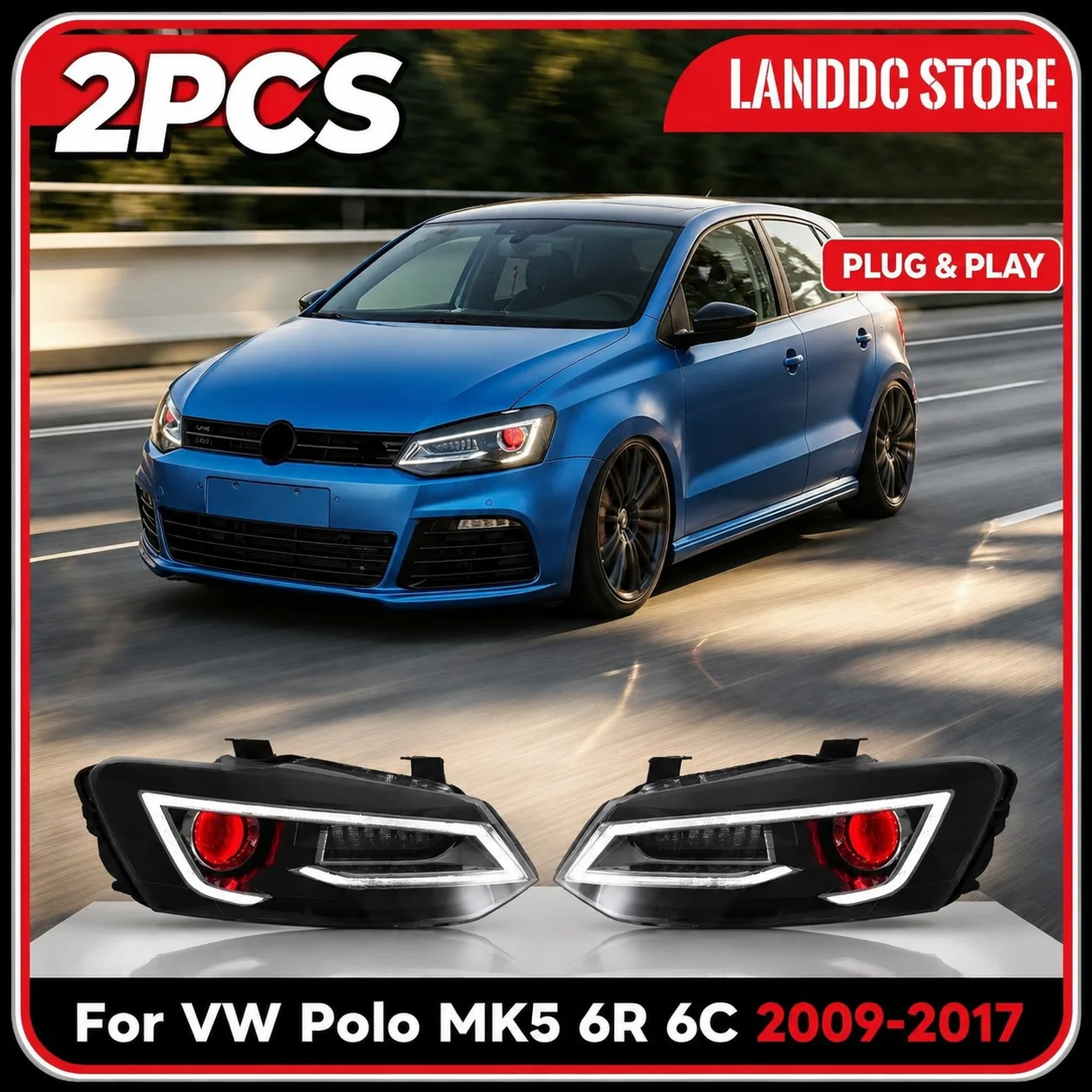 Projektorscheinwerfer für VW Polo MK5 6R 6C 2009-2017 DRL Sequentielle Lampe (Ohne Glühbirnen) Modellprüfung 2 Stück