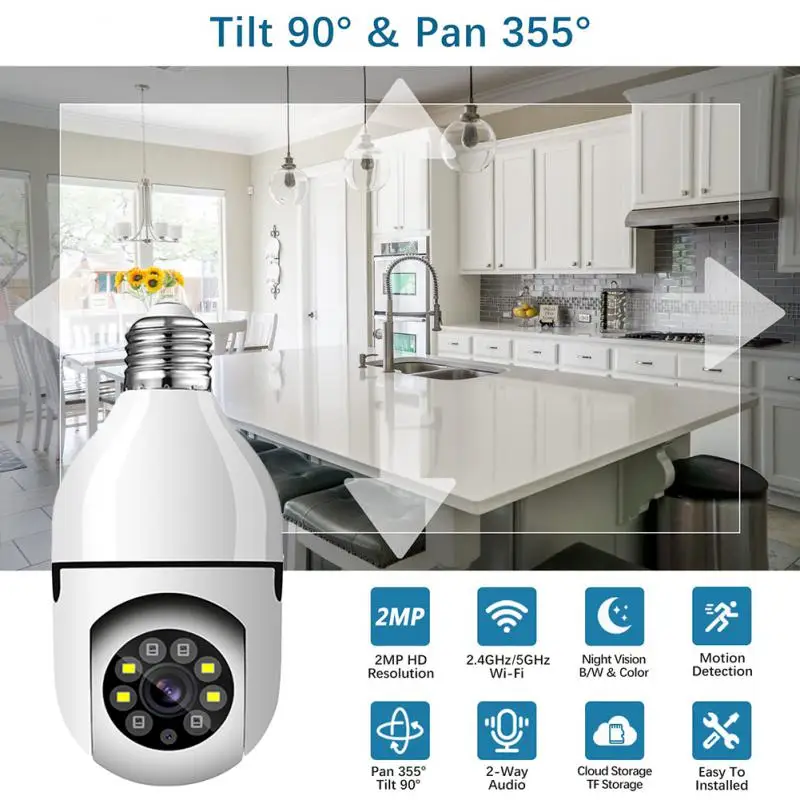 DBIT WiFi Bulb 1080P PTZ 4X Digital Zoom Camera 2.4G/5G Dual-band for Home Monitoring Wireless Security Surveillance Sytem