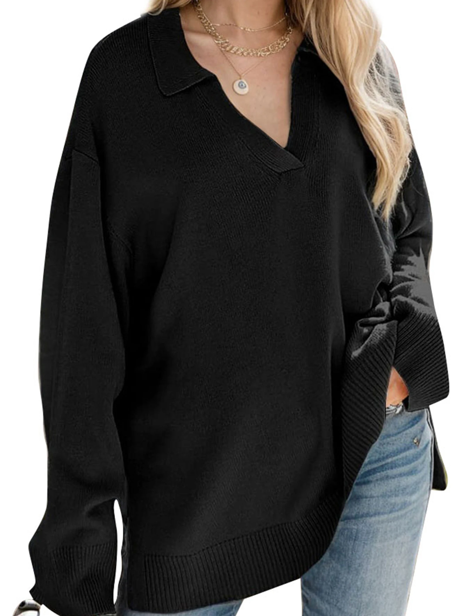 

Women's V-Neck Oversized Sweater Long Sleeve Collared Tunic Knit Pullover Women's V-neck Knitted Oversized Loose Sweater