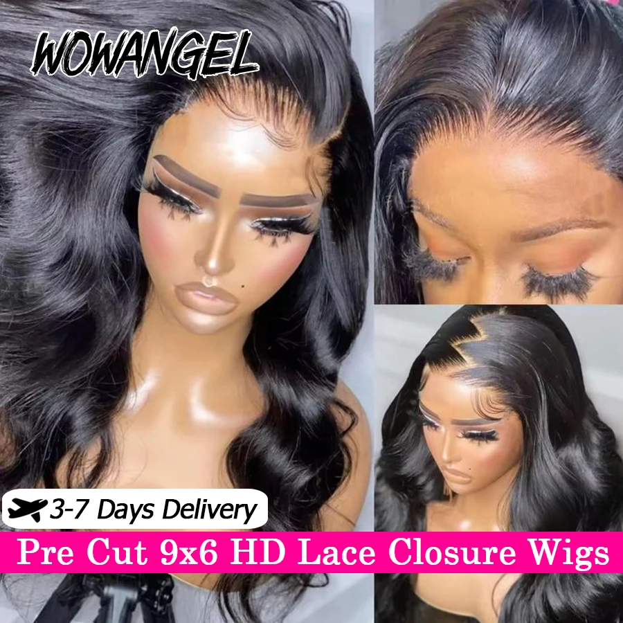 WOWANGEL 34in Pre Cut 9x6 HD Lace Closure Wigs Ready To Go Glueless Wigs Human Hair Body Wave Wigs Remy Brazilian Hair For Women