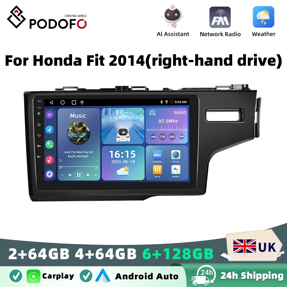 Podofo Android Car Radio For Honda Fit 2014(right-hand drive) Android Auto Multimedia Player GPS Navigation RDS BT Head Unit