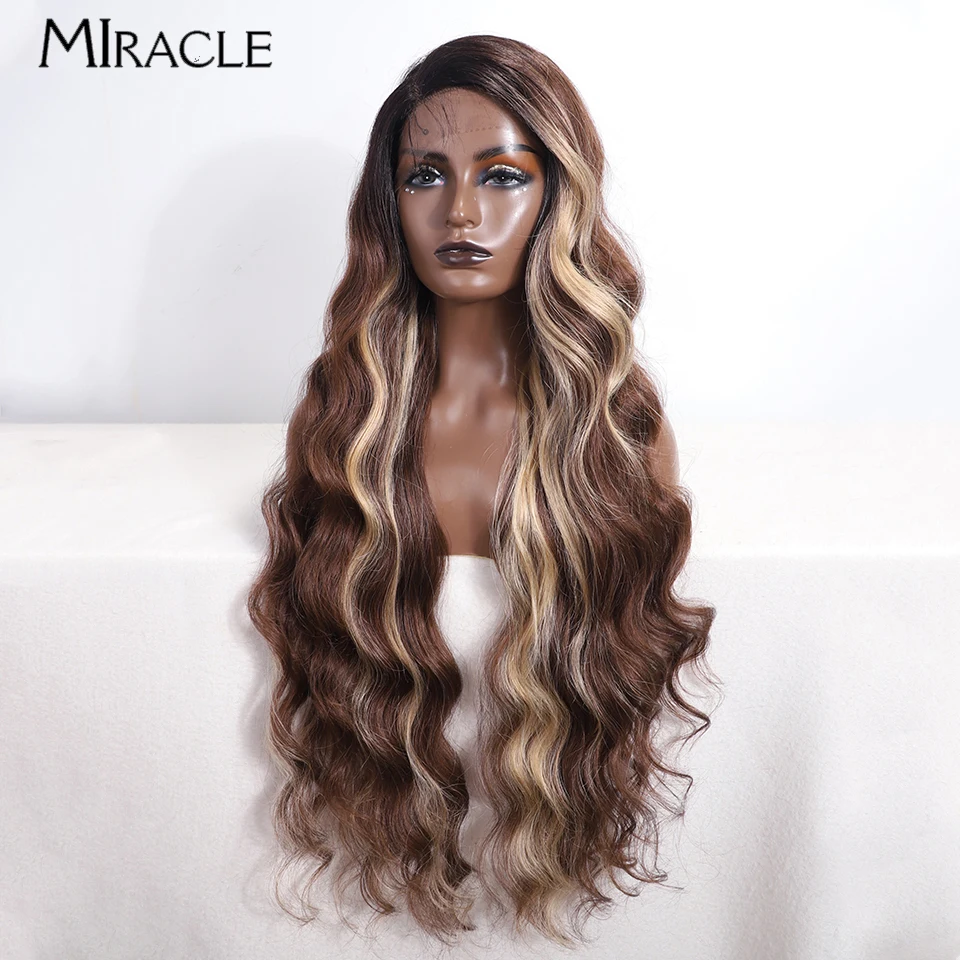 MIRACLE Synthetic Lace Wig Cosplay Wig for Women 36 Inch Wavy Deep Loose Wave Wigs Ombre Ginder Blonde Wigs Side Part Fake Hair