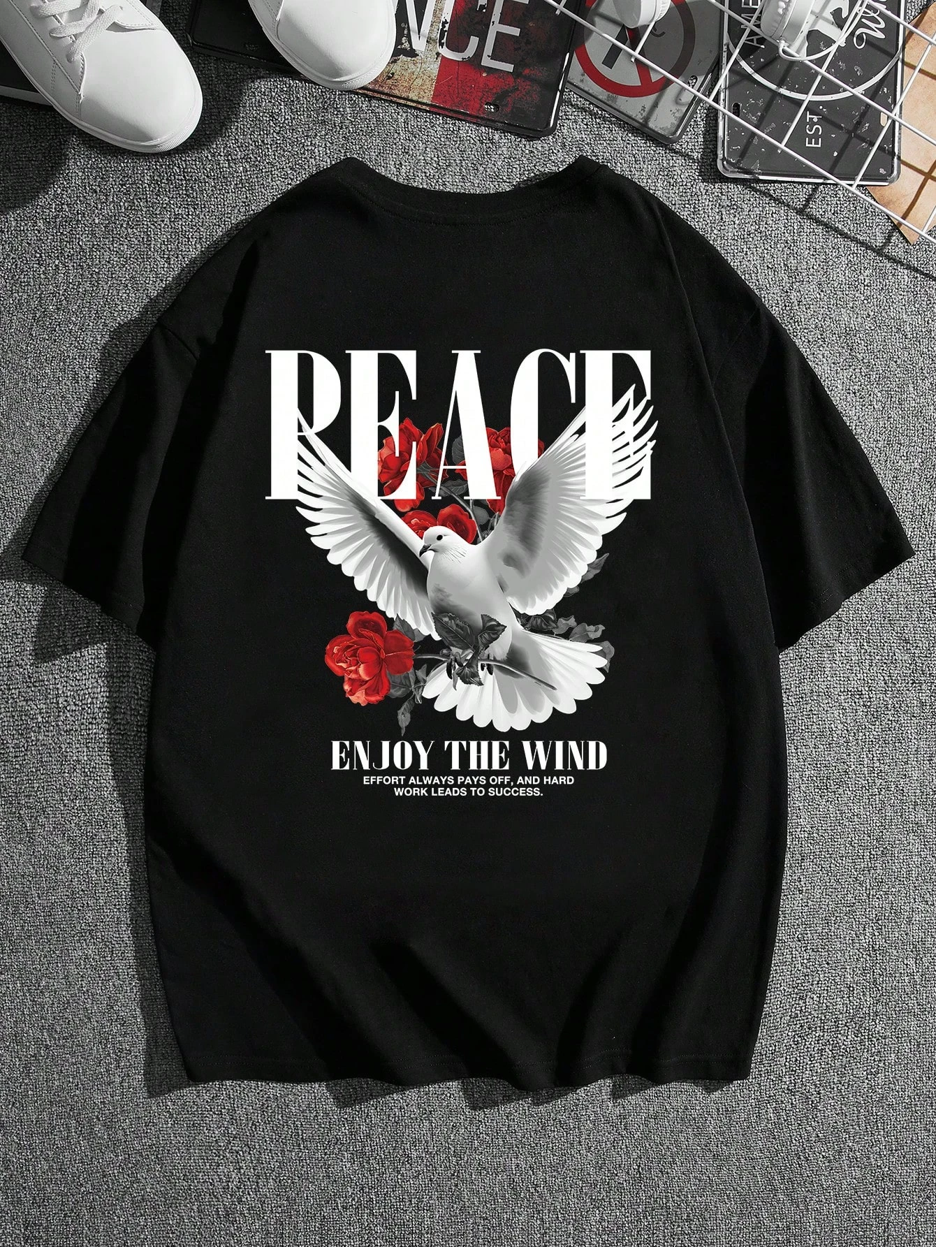 Men's Streetwear Black Oversized Summer T-Shirt,Retro Red Rose&Peace Graphic Knitted Vintage Short Sleeve Tee,City Break,Back-To-School,2000s Style
