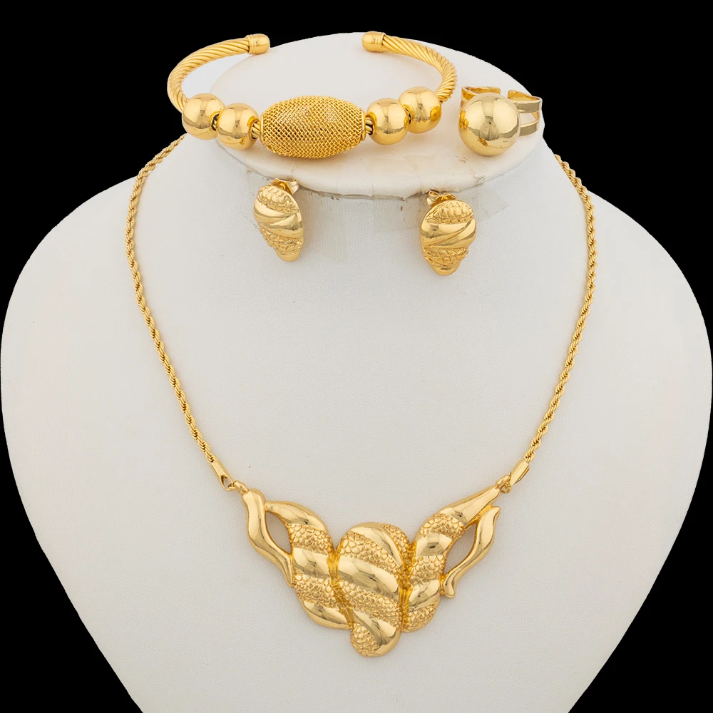 2024 Brazilian Gold Plated Jewelry Set for Women Necklace and Earrings with Bracelet Ring 4Pcs Set for Anniversary Party Gifts