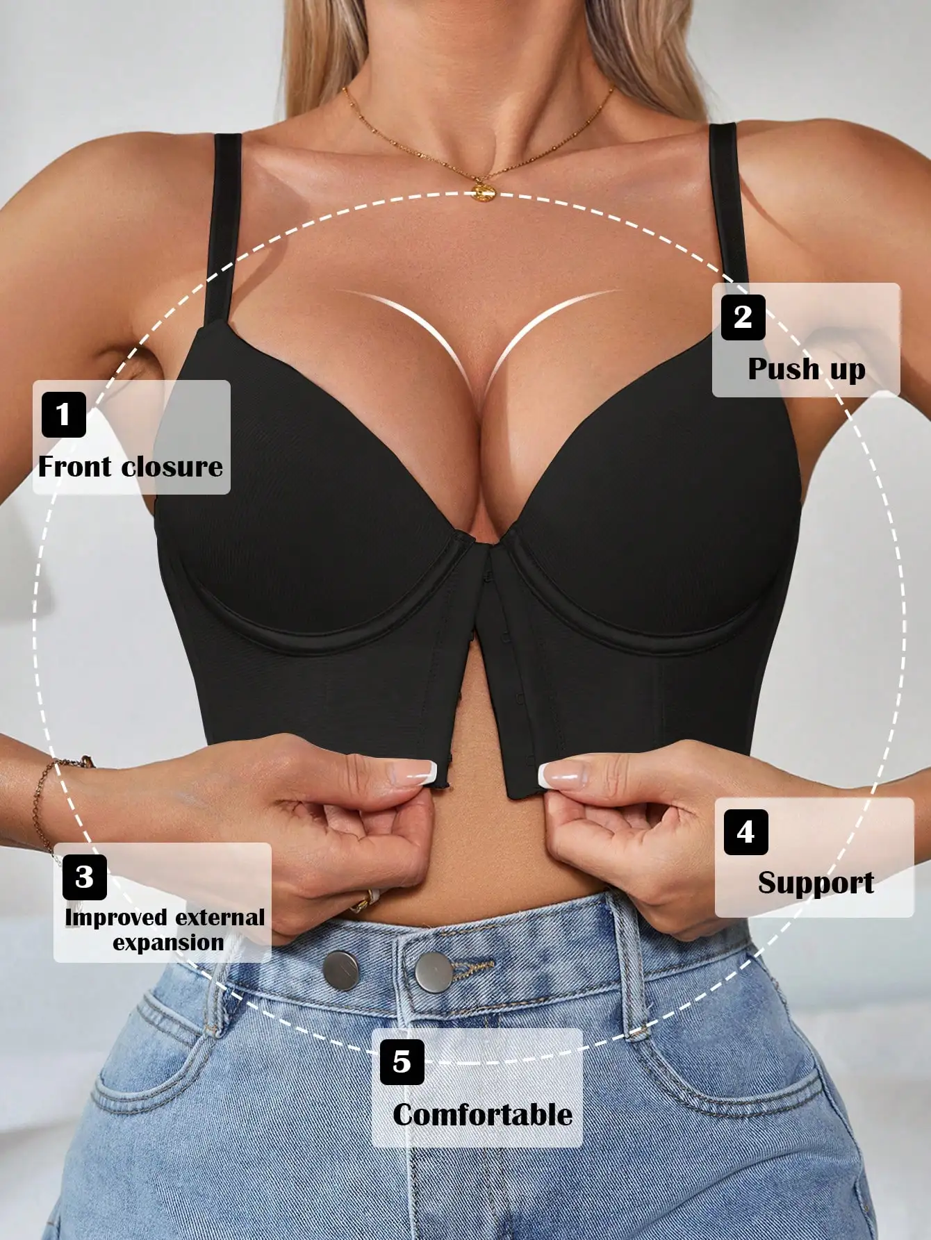 Thin cup lingerie for women, front buckle, easy to wear, side wings, widened side breasts