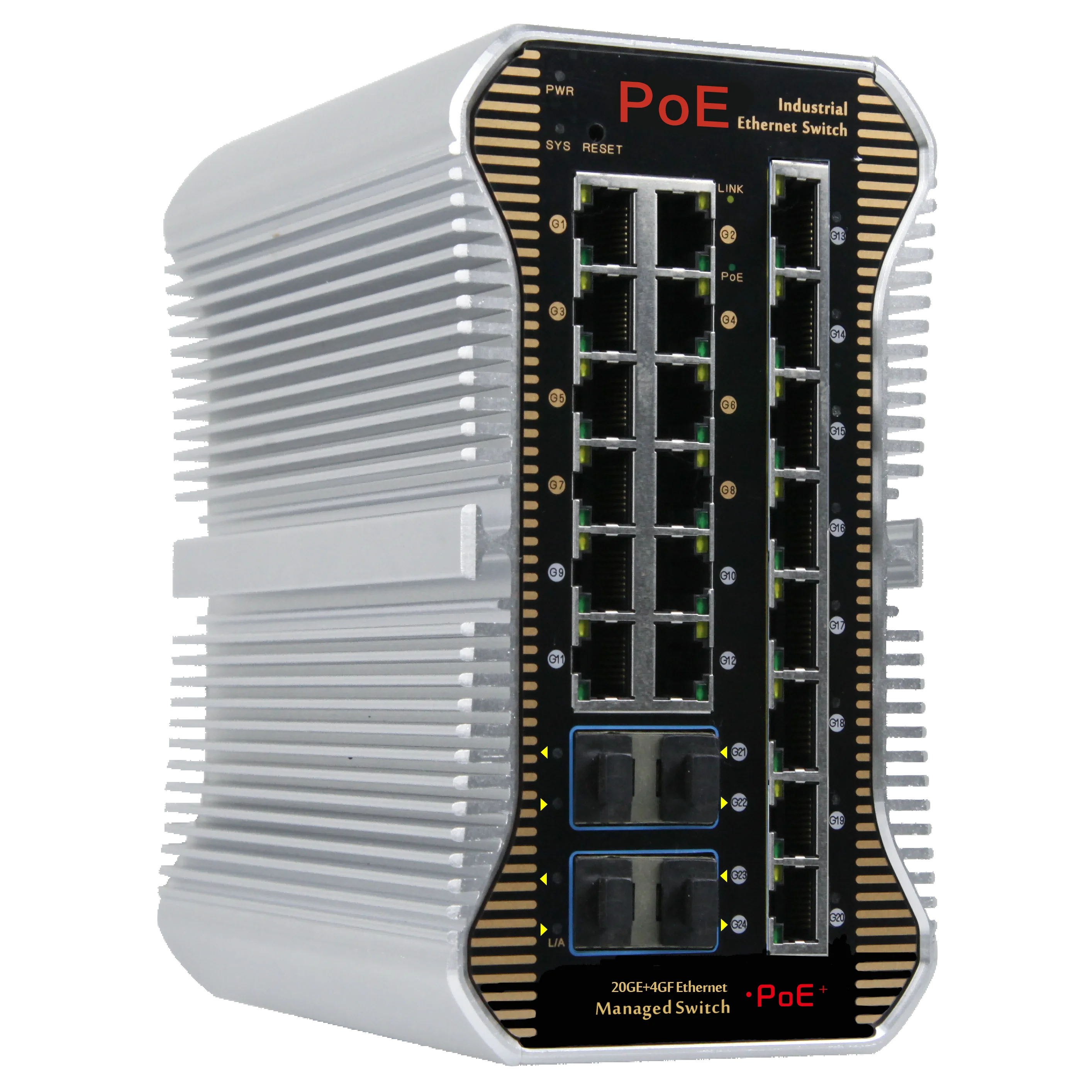 24 Port 6KV Managed Industrial PoE Switch 8*10/100/1000Mbps PoE+12 RJ45 port+ 4*10G SFP+ 240W support VLAN ERPS Ring Remote NMS+