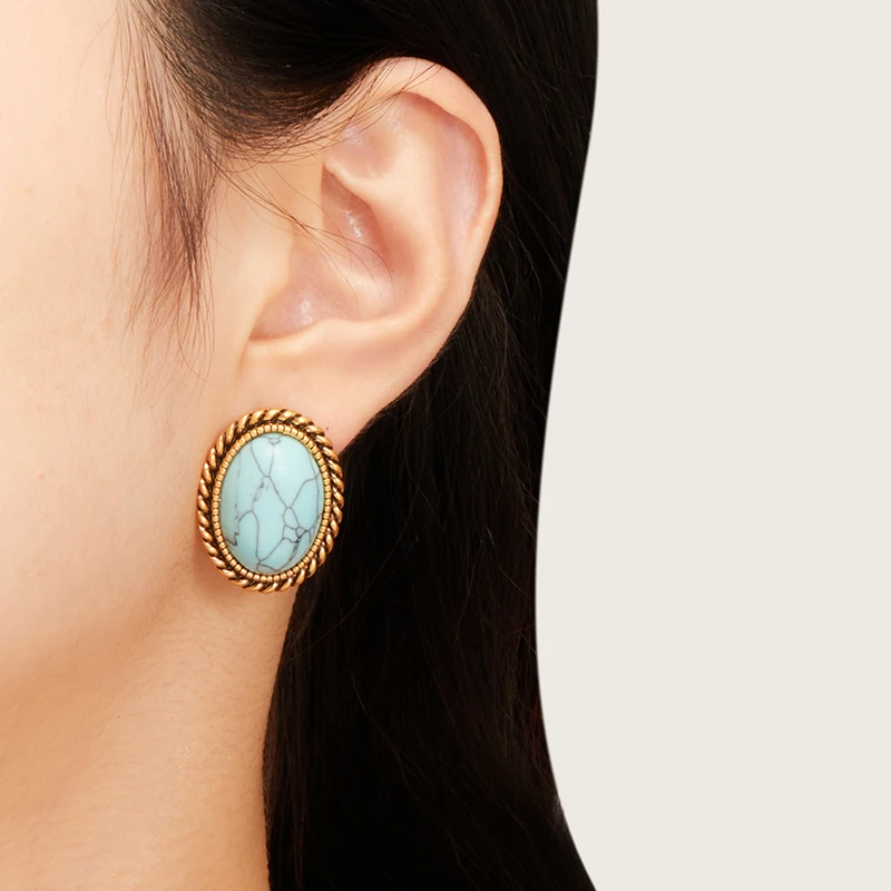 Fraya Elegant Turquoise Earring for Women Elliptical 925 Sterling Silver Needle 18K Gold Plated Birthday Party Christmas Jewelry