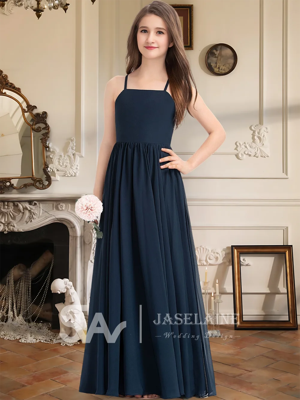 Elegant A Line Square Floor Length Chiffon Junior Bridesmaid Dress With Bow Flower Girl Dress Wedding Party Formal