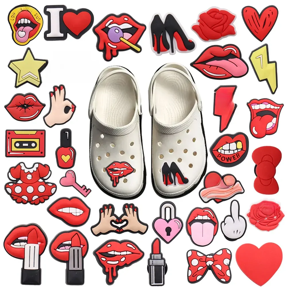 Breloques en PVC série rouge, lèvres, cœur, nœud papillon, reine, sabot à boucle, décorations de chaussures de bouche pour femme, adaptées au cadeau de fête, 1 pièces