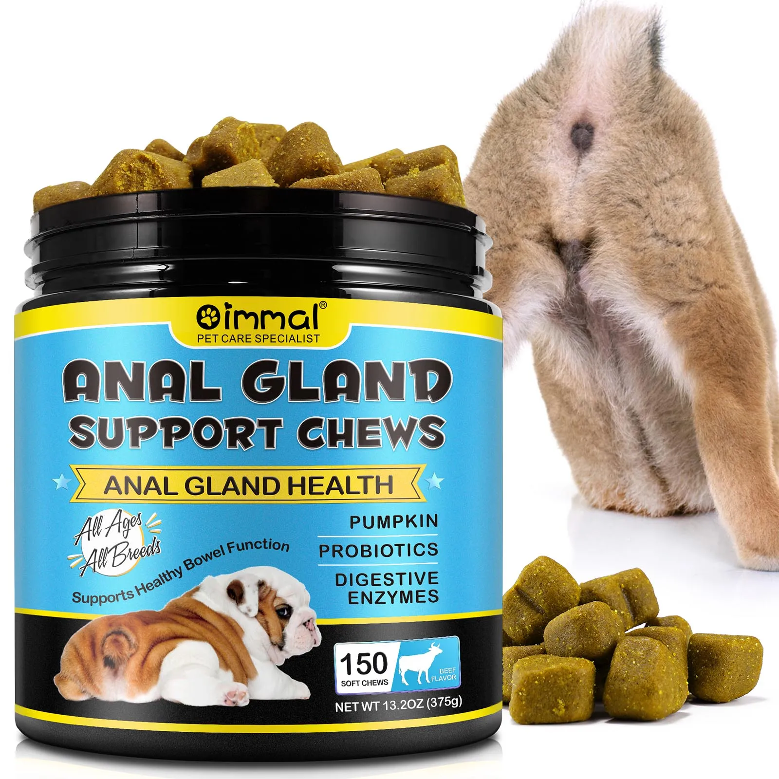 Anal Gland Soft Chew Treats with Pumpkin for Dogs Digestive Enzymes Probiotic Fiber Supplement Support Healthy Bowel Beef Flavor