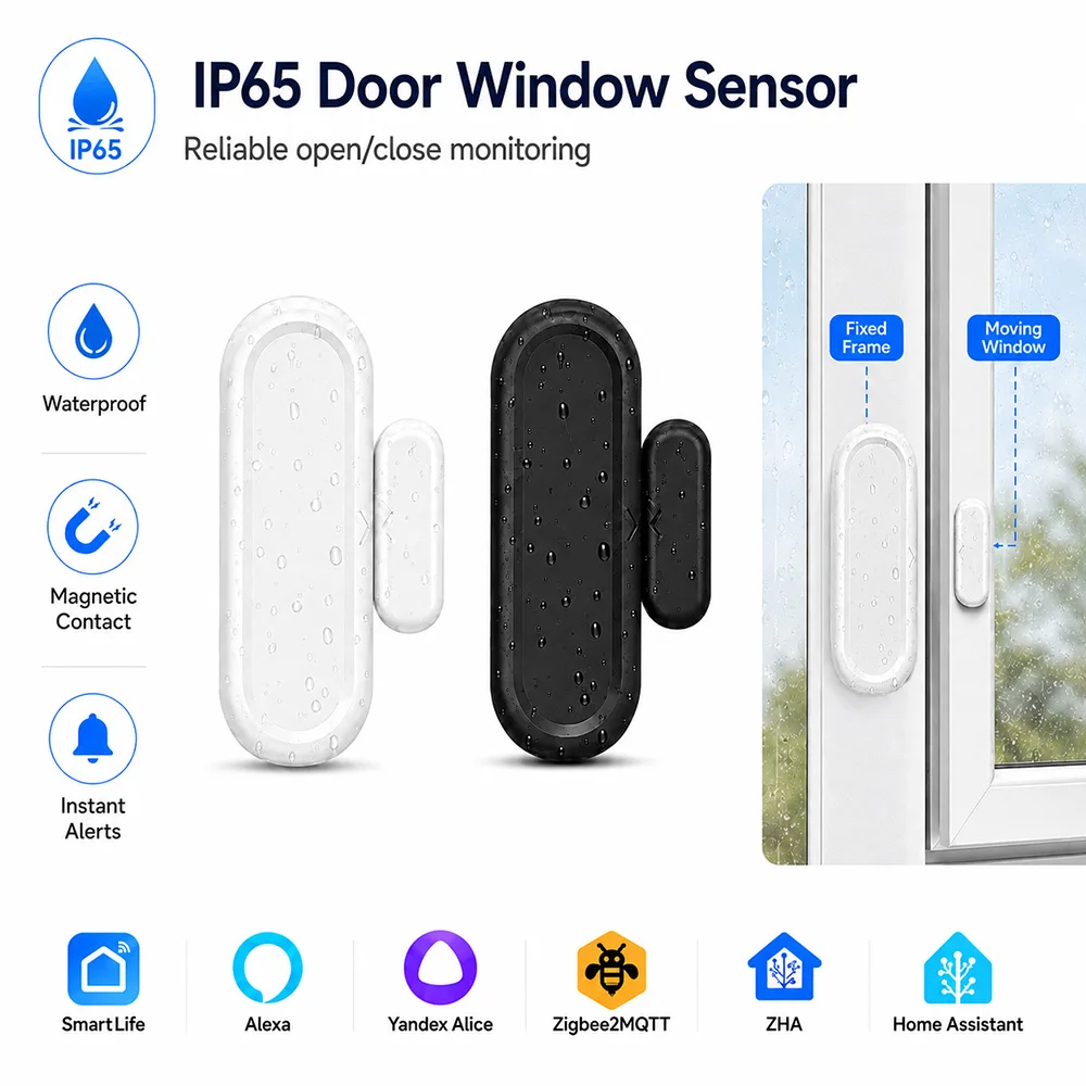 Tuya Zigbee Door Window Sensor IP65 Waterproof For Smart Home Works With SmartLife Home Assistant ZHA Zigbee2MQTT Alexa Yandex