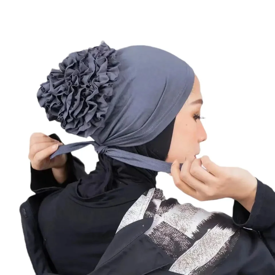 Modne damskie hidżaby jednokolorowe hidżab turban czapki szyfonowe dekoracje kwiatowe nakrycia głowy islamska chusta na głowę szalik na głowę czapka — zdjęcie 2