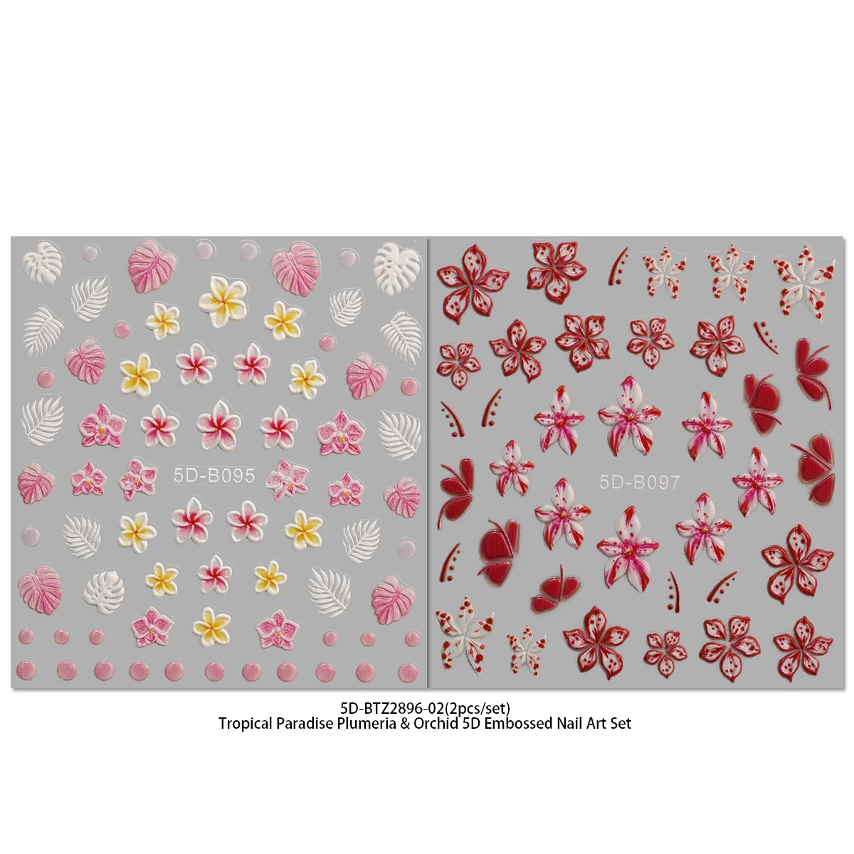 Tropical Paradise 5D Embossed Nail Stickers, 3D Textured Plumeria Orchid Leaf Decals, Exotic Summer DIY Manicure Decoration for