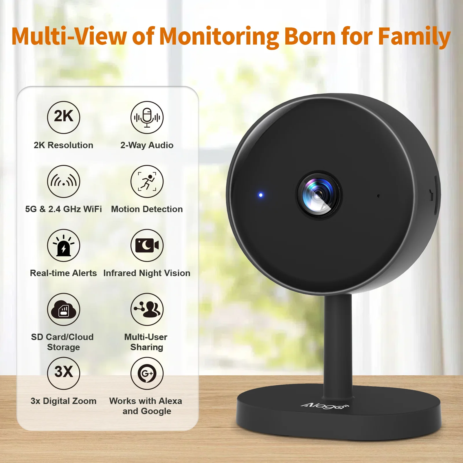 

Камера мониторинга домашней безопасности 2K 3MP, интеллектуальное обнаружение движения AI, двусторонняя языковая связь, двухдиапазонный Wi-Fi 5 ГГц