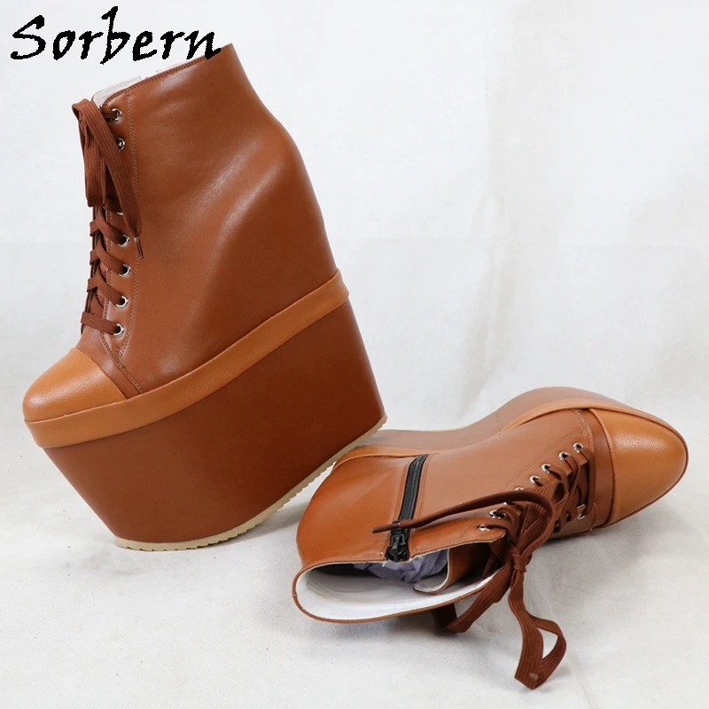 

Sorbern 20Cm Wedge Ankle Boots For Women Lace Up Booties Unisex Size Eu33-48 Custom Round Toe Shoes Female Booty