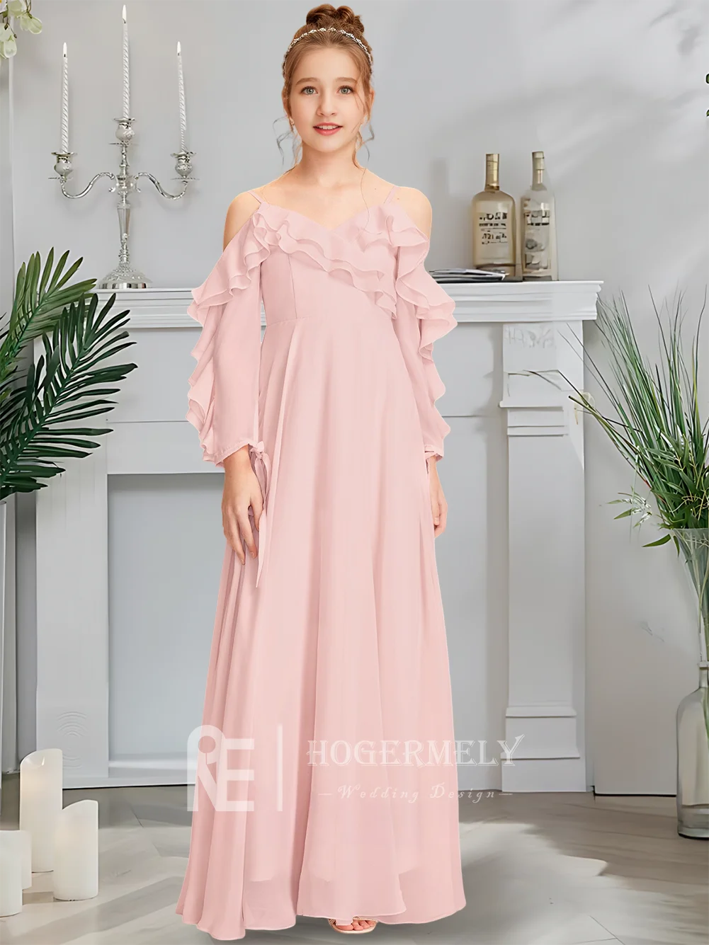 Роскошное платье подружки невесты с открытыми плечами, платье с цветочным узором для девочек, шифоновое платье длиной до пола с каскадными оборками на свадьбу