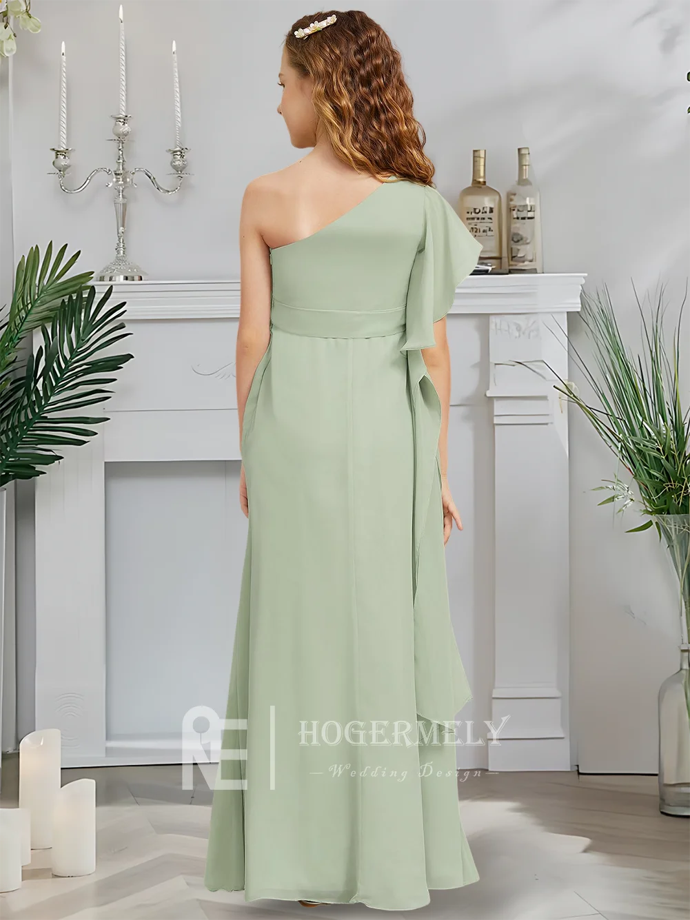 Дизайнерское платье трапециевидной формы для юных подружек невесты, мятное морозовое платье с цветочным узором для девочек, шифоновое платье на одно плечо, садовое гала-танцевальное свадебное платье