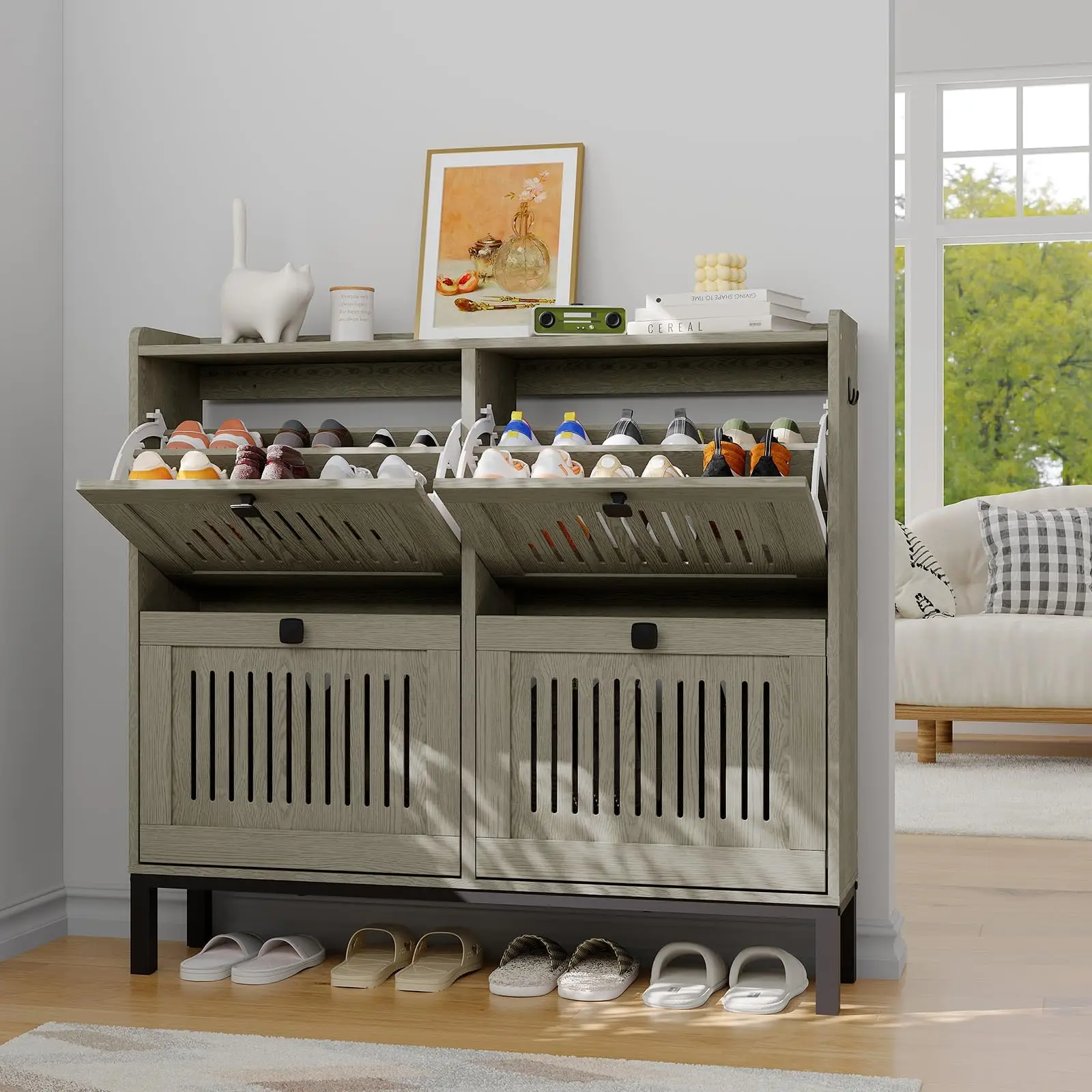 Mobile porta scarpe moderno e sottile con 4 cassetti – ripiani regolabili, sistema di organizzazione per scarpe a scomparsa, struttura in legno anti-ribaltamento, ideale per ingresso, corridoio e