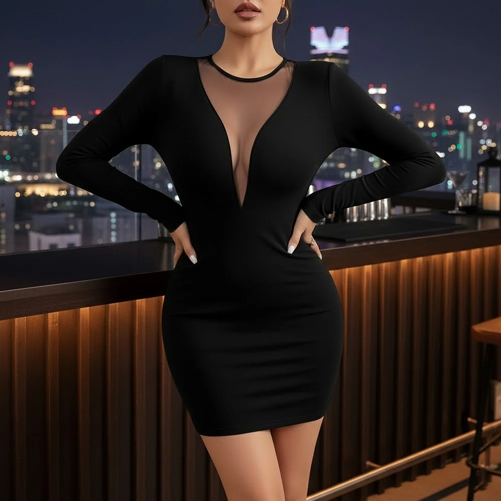Vestidos bodycon femininos 2025 outono essencial liso manga comprida decote em v profundo inserção de malha transparente mini vestido slim fit