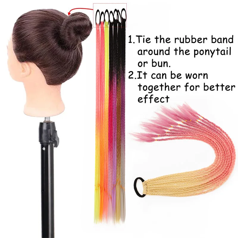 Colorful Braids, Synthetic Wig Extensions, Rubber Bands, Rainbow Braids, Ponytail Hair Accessories, WOMEN\'S Party Cosplay Fes