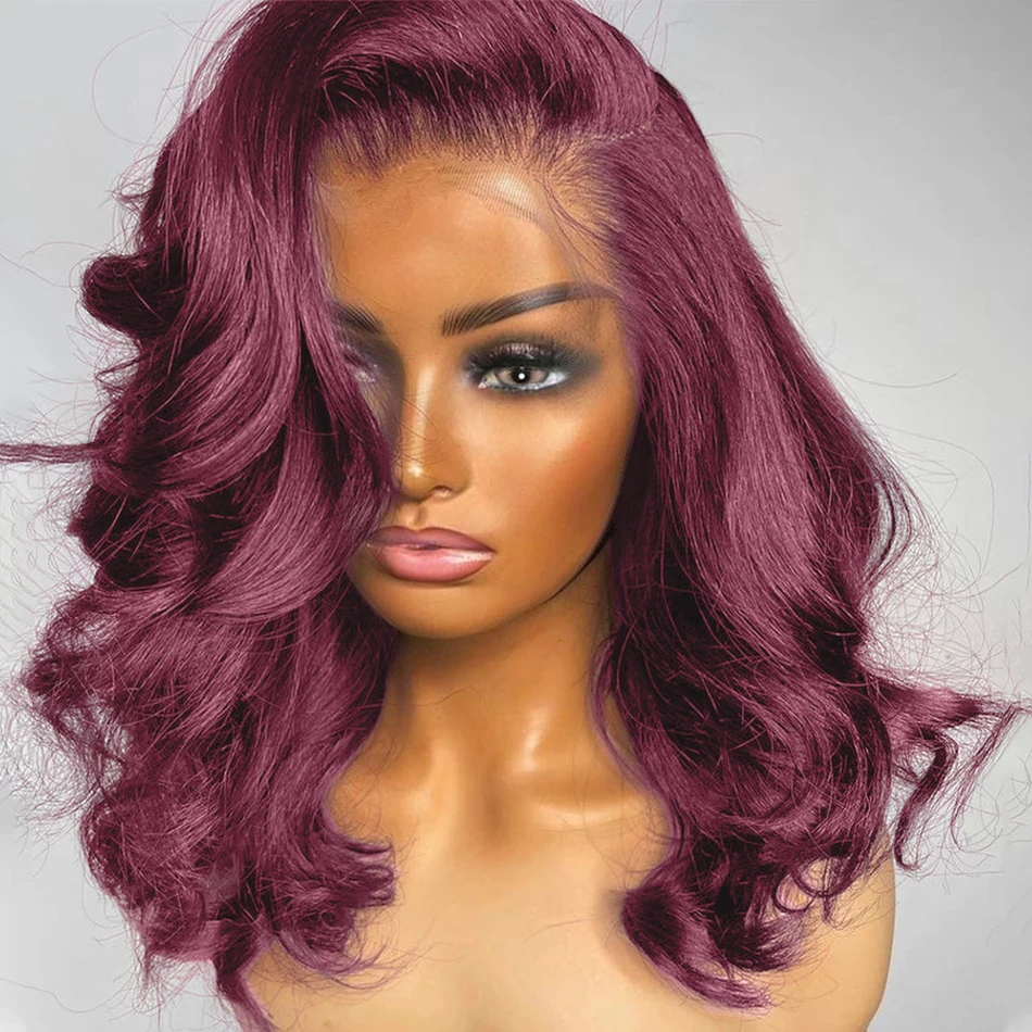 

13x4 Body Loose Wave Lace Front Wig 99J Colored Short Cut Bob Transparent Frontal Wigs Burgundy Red 100% Human Hair 230% Density