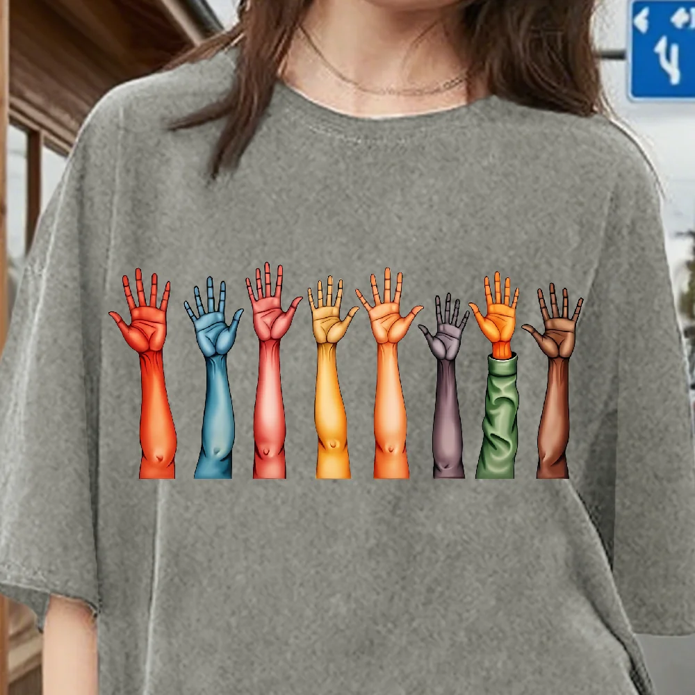 

Women Tshirt Graphic Summer Soft Daily Wear Essential Tshirts With Up Hands Print Cotton Comfort Loose Fit Casual Fashion Style