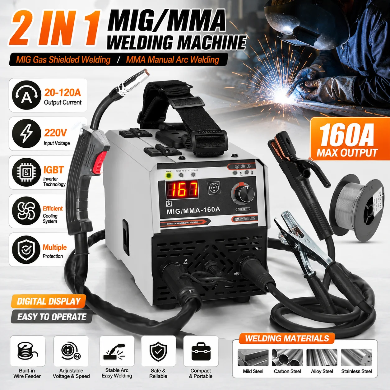 Poste à souder MIG MMA 2-en-1 220V IGBT Inverter, machine de soudage polyvalente gaz et sans gaz, fil fourré, 20-120A, outils DIY, alimentation en fil intégrée