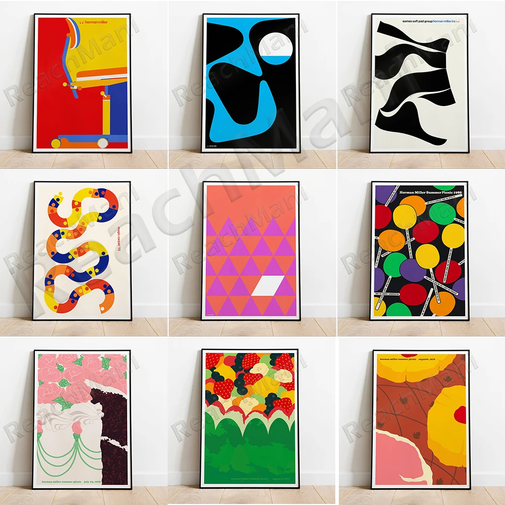 

Herman Miller Poster, Summer 1980 Picnic, Chair Portrait, Four Color Block Print Mid-Century Modern Abstract Living Room Decor