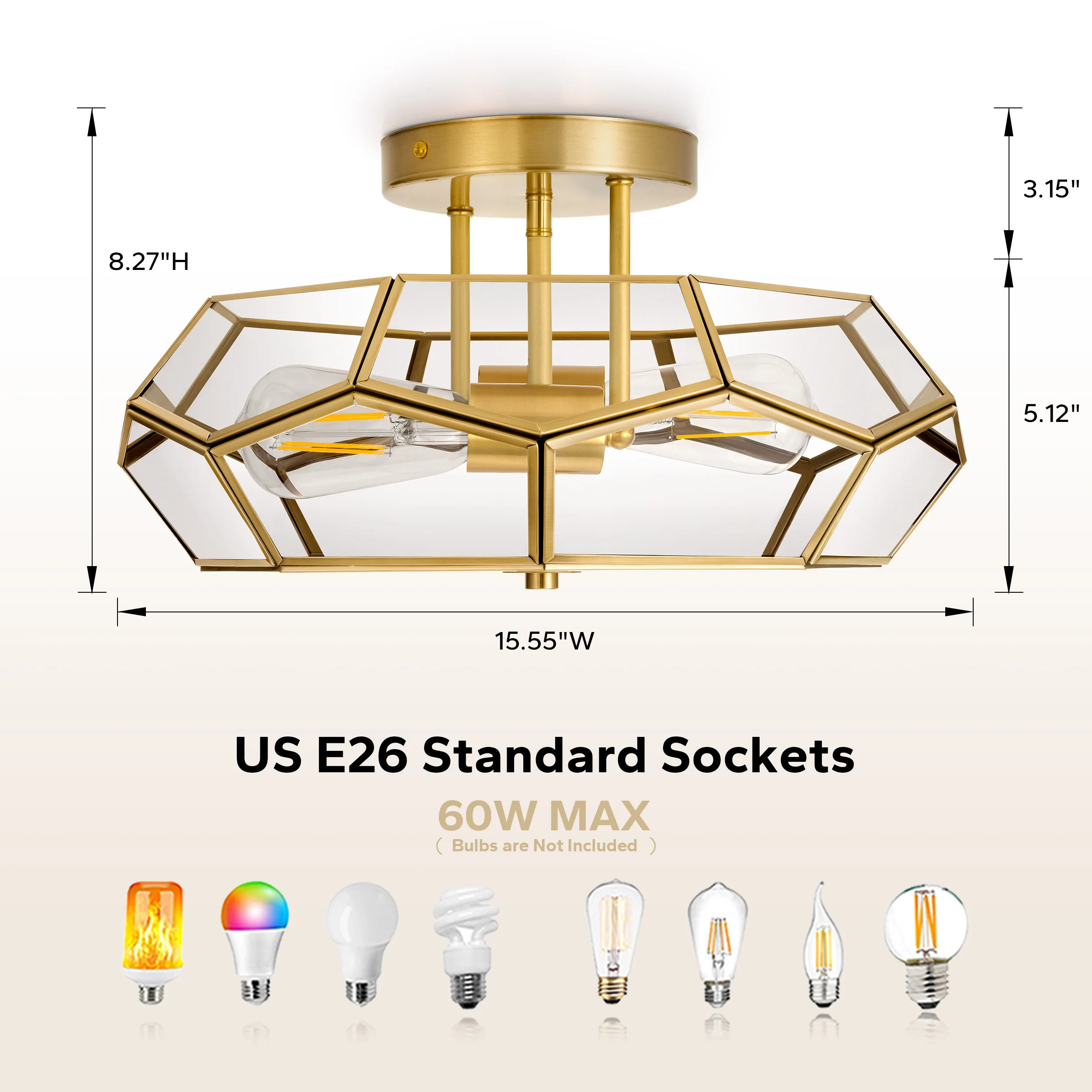 Meluaim Lámpara de techo empotrada: accesorio interior de latón y vidrio con base E26, elegante iluminación dorada para sala de estar/dormitorio